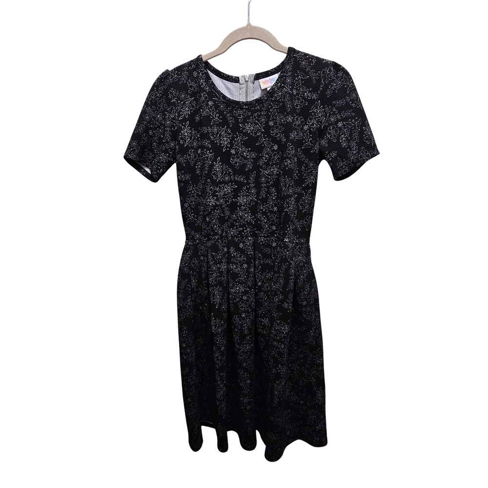 LuLaRoe Amelia Dress Womens Small Black White Floral Leaf Print Pockets Zipper